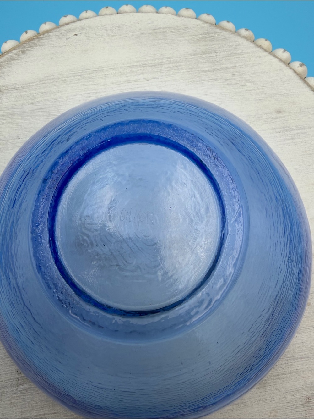 John Gilmor Recycled Art Glass Serving Bowl Blue Signed 7 5/8" - Picture 4 of 6